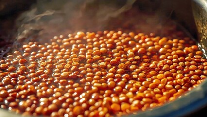 Daals. Golden brown chickpeas cooking, steaming pot, traditional meal,