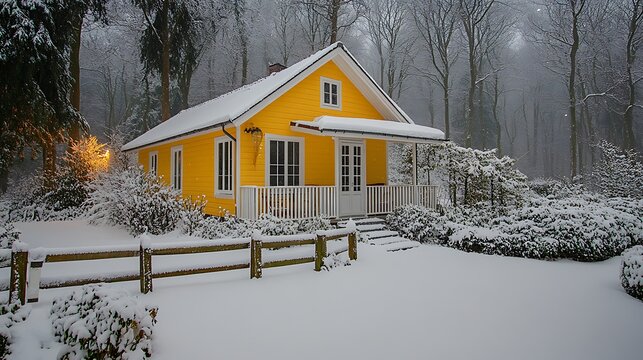 A charming, yellow house nestled in a snowy landscape. - Powered by Adobe
