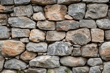 Close-up view of a stone wall, featuring irregular, roughly hewn stones in various shades of gray and beige.  The stones are fitted tightly together, creating a textured surface