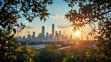 Fototapeta premium Energy Transition. Sunset city skyline with green trees foreground urb