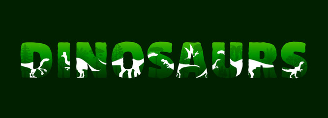 Dinosaur characters silhouettes at sunset in jungle forest. Vector double exposure dinosaur quote with dino animals and trees silhouettes. Jurassic velociraptor, corythosaurus and eoraptor at sunset © Vector Tradition