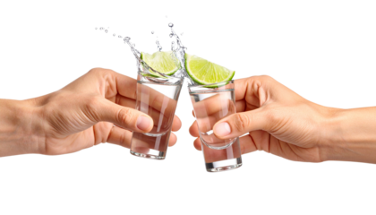 Set of tequila shot glasses clinking isolated on a transparent background (PNG format)