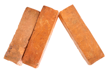 Side view of three cracked old red or orange bricks in stack isolated with clipping path in png file format
