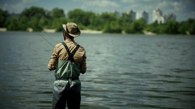 Fishman in waders holding fishing rod . Relaxation hobby
