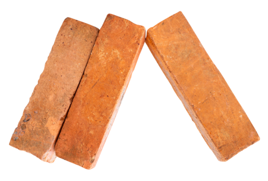 Side view of three cracked old red or orange bricks in stack isolated with clipping path in png file format - Powered by Adobe