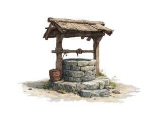 Exploring a rustic stone well in a tranquil under clear skies isolated on transparent background, png