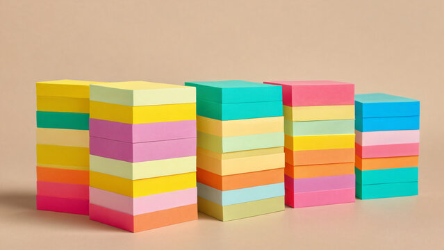 Sticky notes stacked and color coded on beige