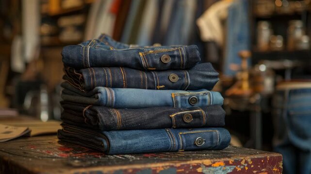 Stack of folded denim jeans on a rustic wooden surface in a cozy clothing store setting