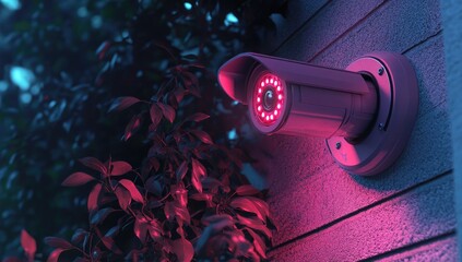 Security camera mounted on a wall at night, illuminated by pink light