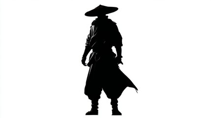 Silhouette of a warrior in traditional Asian attire on white background.