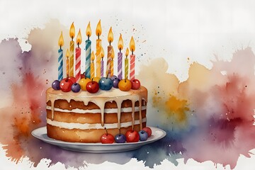Celebrating milestones: birthday cake and candles in watercolor style