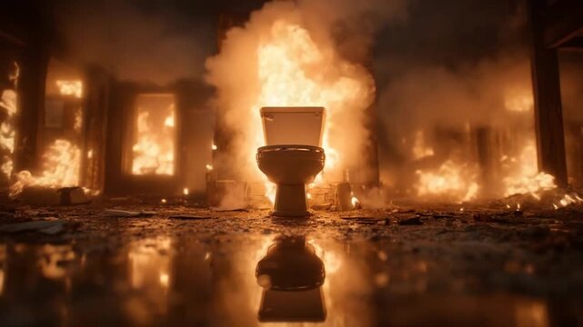 A toilet stands amidst a raging inferno. Flames engulf the surrounding structure, reflecting in the wet floor. Smoke fills the air