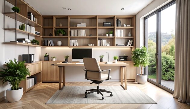 Modern home office with wood shelving, desk, chair, and plants; large window offers natural light and garden view