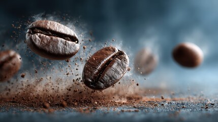Floating beverage ingredient with roasted coffee beans in mid-air and aromatic grounds dust, premium gourmet aroma and artisan cafe culture concept for beverage branding, lifestyle marketing