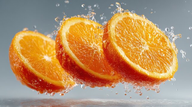 Floating beverage ingredient with fresh orange slices in vibrant water splash, zesty vitamin-rich citrus and tropical vitality concept for healthy lifestyle, wellness branding, and natural summer