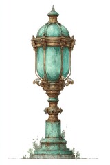 Ornate teal-colored lamppost with gold accents