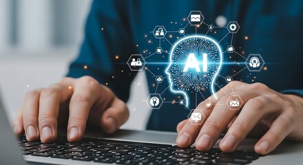 AI Brain Network: Person Typing on Laptop, Futuristic Technology Concept.
