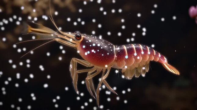 glowing fantasy shrimp creature, bioluminescent underwater alien shrimp with dotted shell, futuristic marine animal illustration, Futuristic shrimp designs for deep ocean exploration concepts