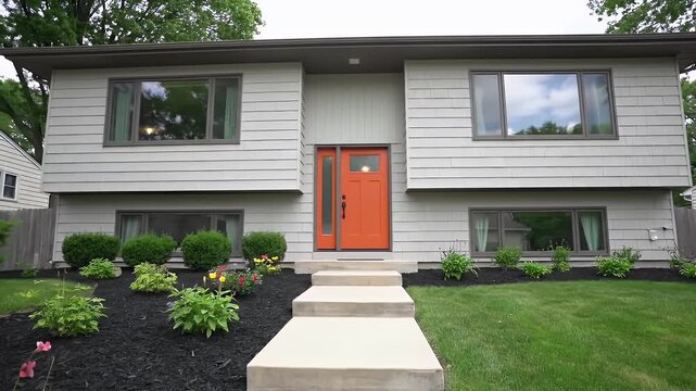 Gray Two Story House with Central Orange Door, Green Lawn and Stone Walkway on Bright Day