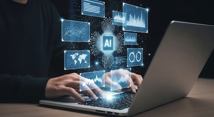 AI-Powered Data Analysis: Hands on Laptop with Holographic Interface Displaying Charts and World Map