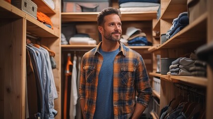 Naklejka premium A man in a stylish flannel shirt stands thoughtfully in a well-organized closet filled with clothes and accessories.