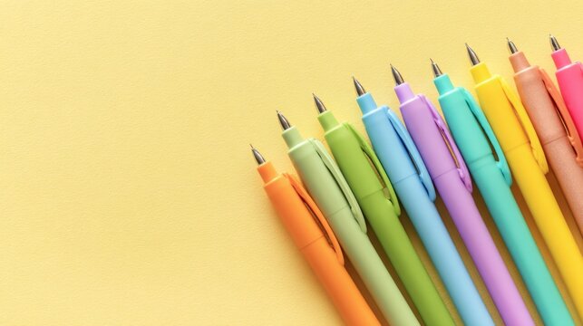 Colorful pens arranged in a row on a yellow background, perfect for creative projects and writing tasks