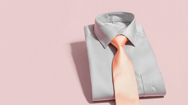 Elegant grey shirt with peach tie displayed on a soft pink background, perfect for formal occasions or professional settings