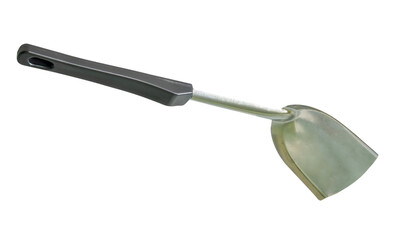 One metal spatula or kitchen utensil with black handle isolated with clipping path in png file format