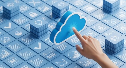 Cloud Computing Interface: 3D Render of Hand Interacting with Digital Data Cubes and Cloud Icon