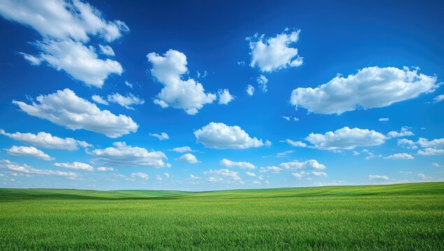 Vast grassy field stretches beneath a vibrant blue sky dotted with fluffy white clouds