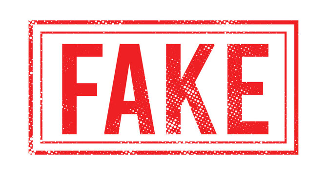Fake stamp in red grunge style with halftone texture, bold vector label for fraud warning design