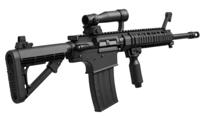 Modern assault rifle equipped with a stabilizing brace, isolated on a transparent background, PNG format.