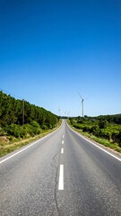 Open road, wind turbines, trees