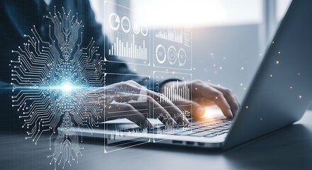 Data Stream:  Hands Typing on Laptop with Circuit Board Overlay and Dynamic Data Visualizations