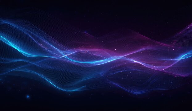 Abstract wavy lines of glowing blue and purple light on a dark background - Powered by Adobe