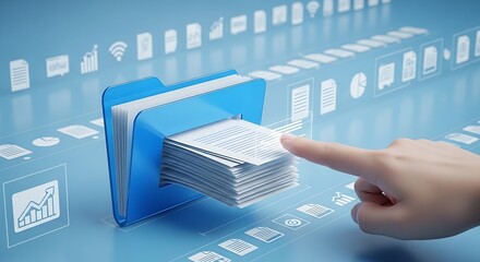 Digital File Management:  Hand Interacting with a Blue Folder of Documents