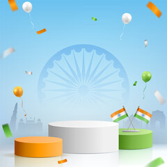 product promotion tricolor podium illustration with confetti balloons on blue sky creative independence day, republic day sale square banner