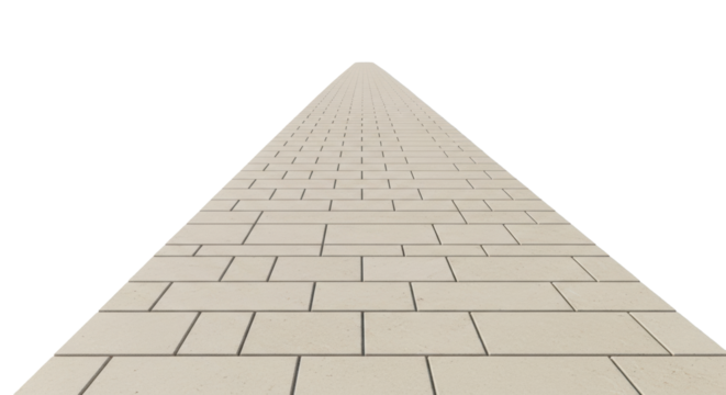 Light beige limestone pathway with clean grout lines, extending into a deep one-point vanishing perspective on a stark white plain, no shadows. Concept of journey and progression