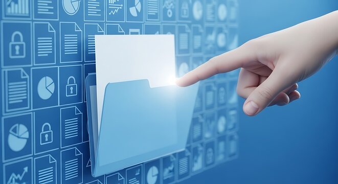 Digital Hand Interacting with Glowing Blue Data Folder Interface
