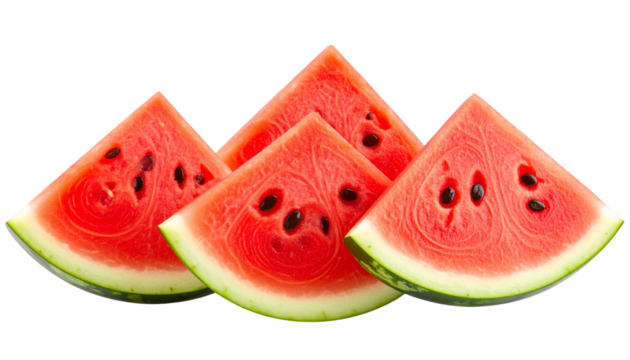four freshly sliced watermelon pieces with vibrant red pulp and visible seeds, isolated on a transparent background, PNG format