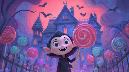 A smiling vampire child holding a giant lollipop standing in front of a hounted mansion