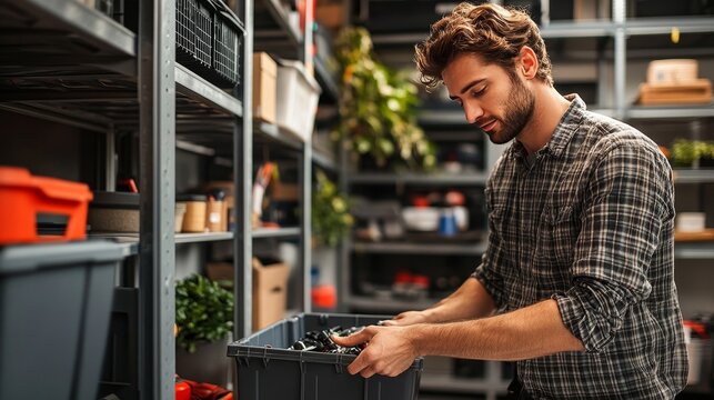 A young man organizes tools in a storage area, surrounded by shelves filled with boxes and plants, showcasing a tidy workspace.