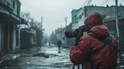A photographer in a red jacket captures a desolate, rain-soaked street, evoking a somber atmosphere in an urban setting.