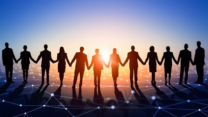 teamwork and collaboration concept with diverse people holding hands at sunset