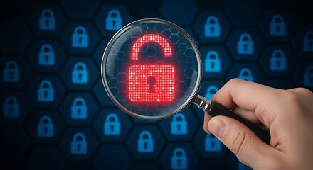 Magnifying Cyber Security Breach: Red Unlocked Padlock, Data Protection Concept.
