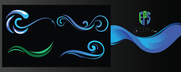 Blue Ocean wave icons in different shapes and styles. Vector illustration set. 