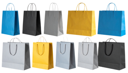 Collection of eco-friendly paper shopping bags in blue, black, beige, yellow, and grey colors. Side view mockup set isolated on a transparent background (PNG format).