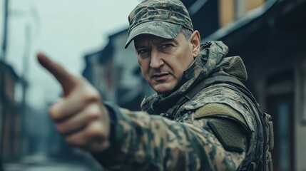 Fototapeta premium Soldier in camouflage giving stern command 