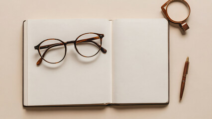 Flat lay of book and round reading glasses on cream surface