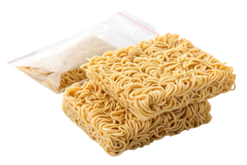 Two blocks of instant ramen noodles with seasoning packet isolated on transparent background